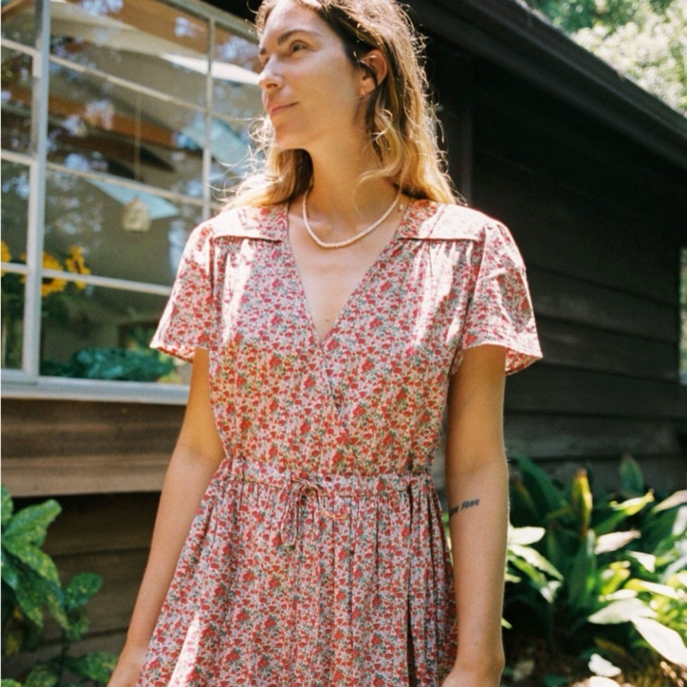 Christy Dawn Coral Floral Mini Dress with V-Neck